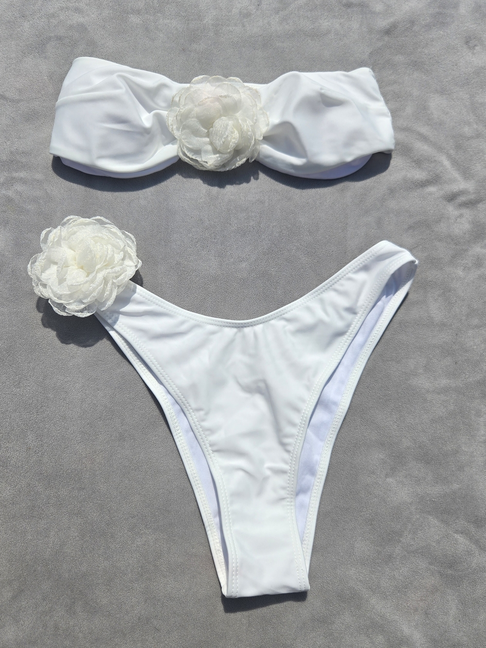 White Floral Accent Bandeau Bikini Set with Sheer Wrap - NEW
